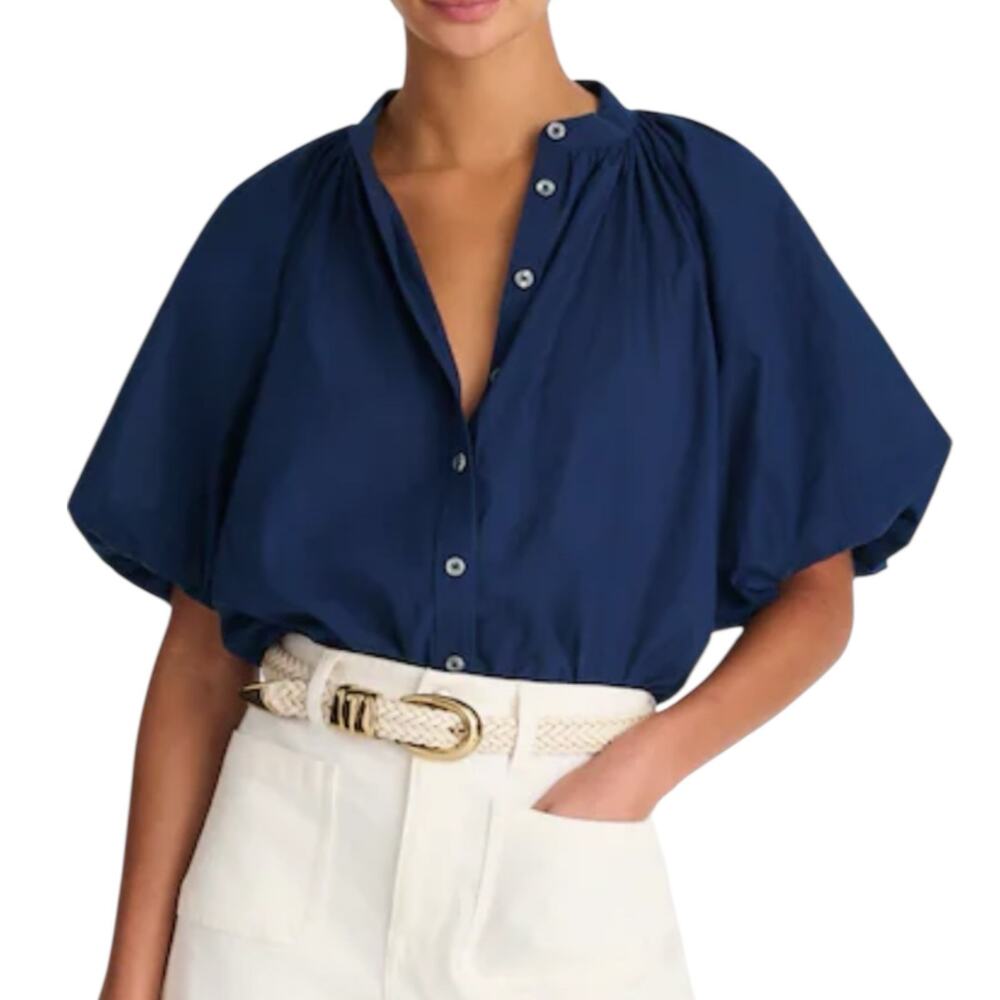 NWT Madewell Shirred Ballon Sleeve Top Cotton Voile Navy Blue Size XXS